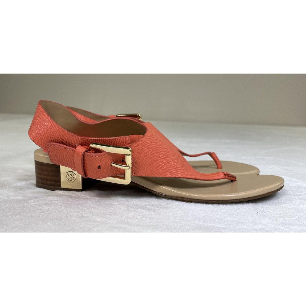 2pr Michael Kors London Thong Sandals TStrap Low Heel Leather Sz. 8 Blue & Coral - Picture 6 of 16